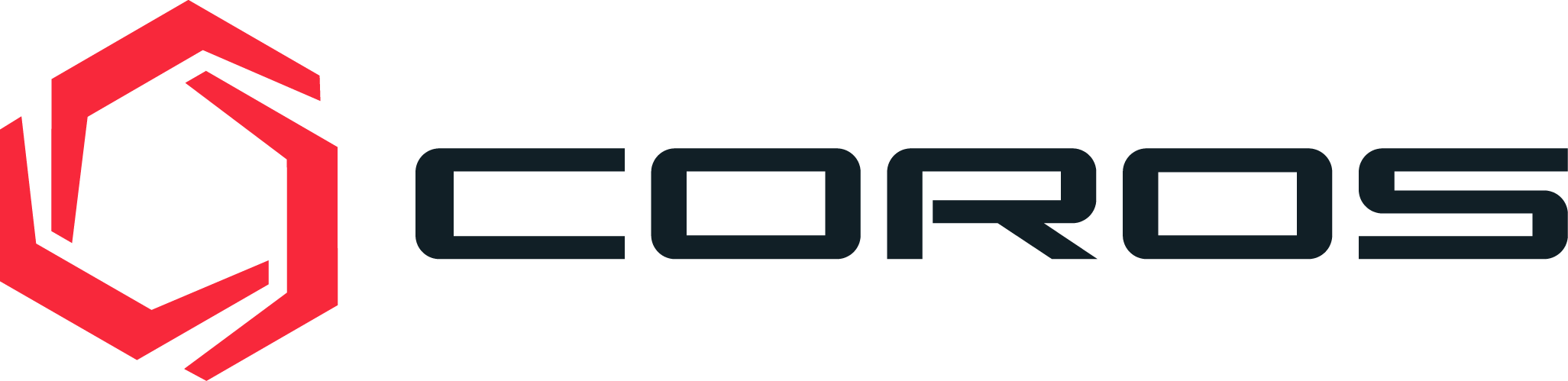 Coros logo with a red geometric design on a black background