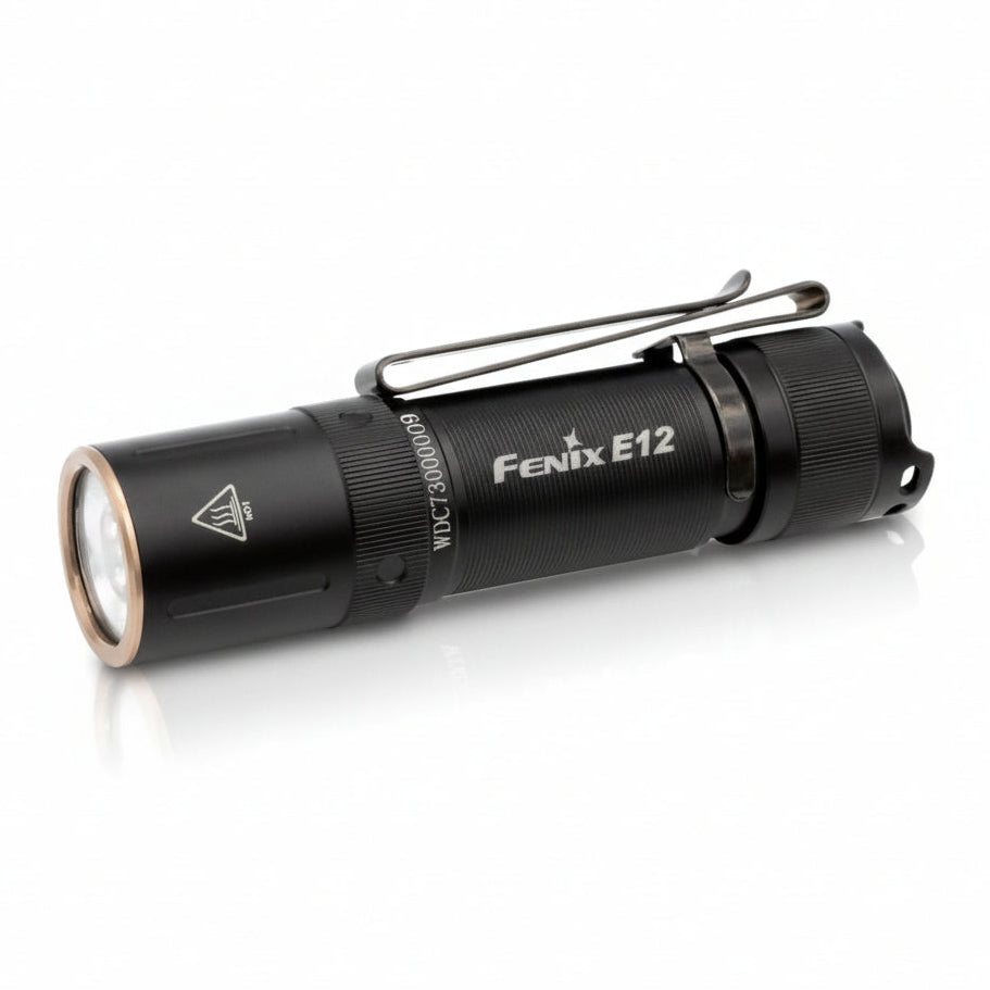 Black Fenix E12 flashlight on a white background