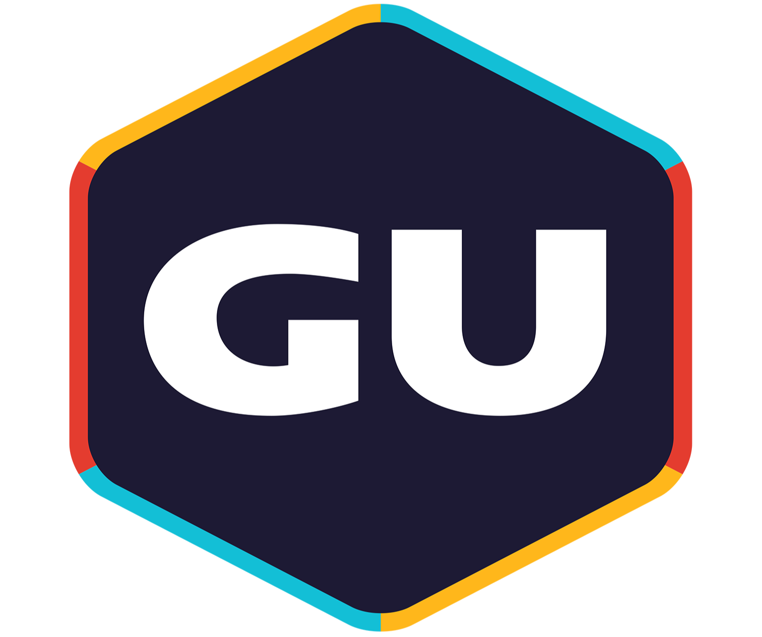 Hexagonal logo with 'GU' on a white background