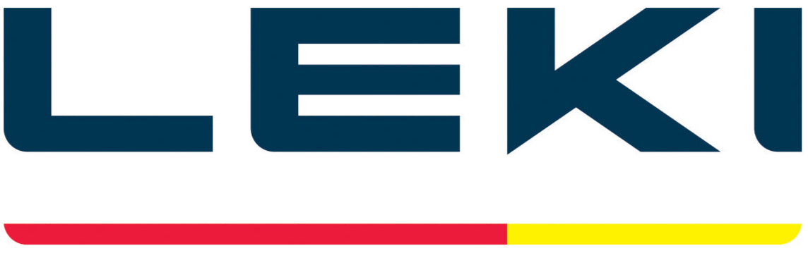 LEKI logo with blue text and a red and yellow stripe on a white background