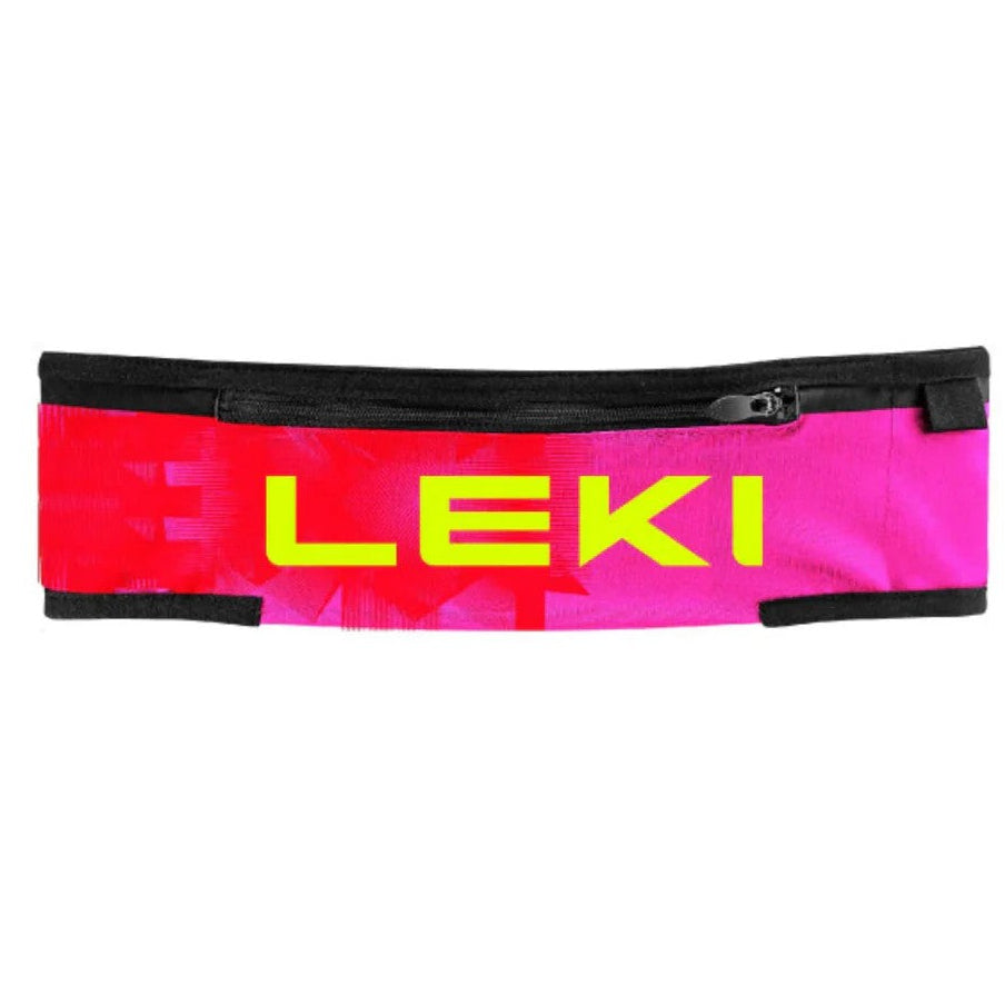 Pink and black waist bag with 'LEKI' branding on a white background