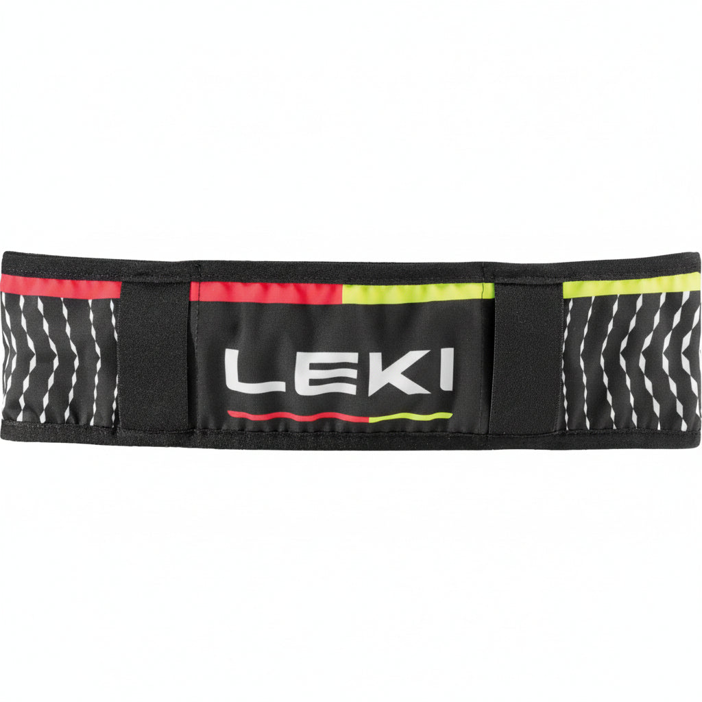 LEKI belt with black, red, and yellow accents on a black background