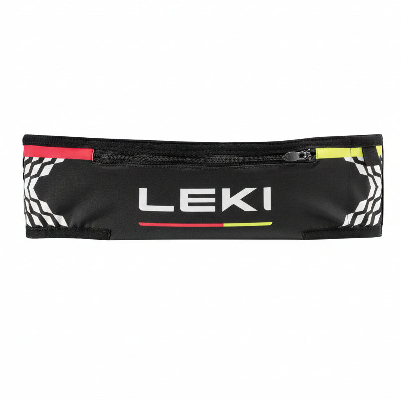 Black Leki waist bag with colorful accents on a black background