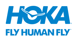 Hoka running shoe brand logo with tagline 'Fly Human Fly' on a white background