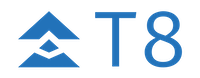 T8 logo in blue on a white backgound