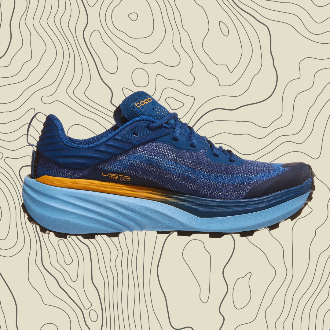 Blue and orange running shoe on a topographic background