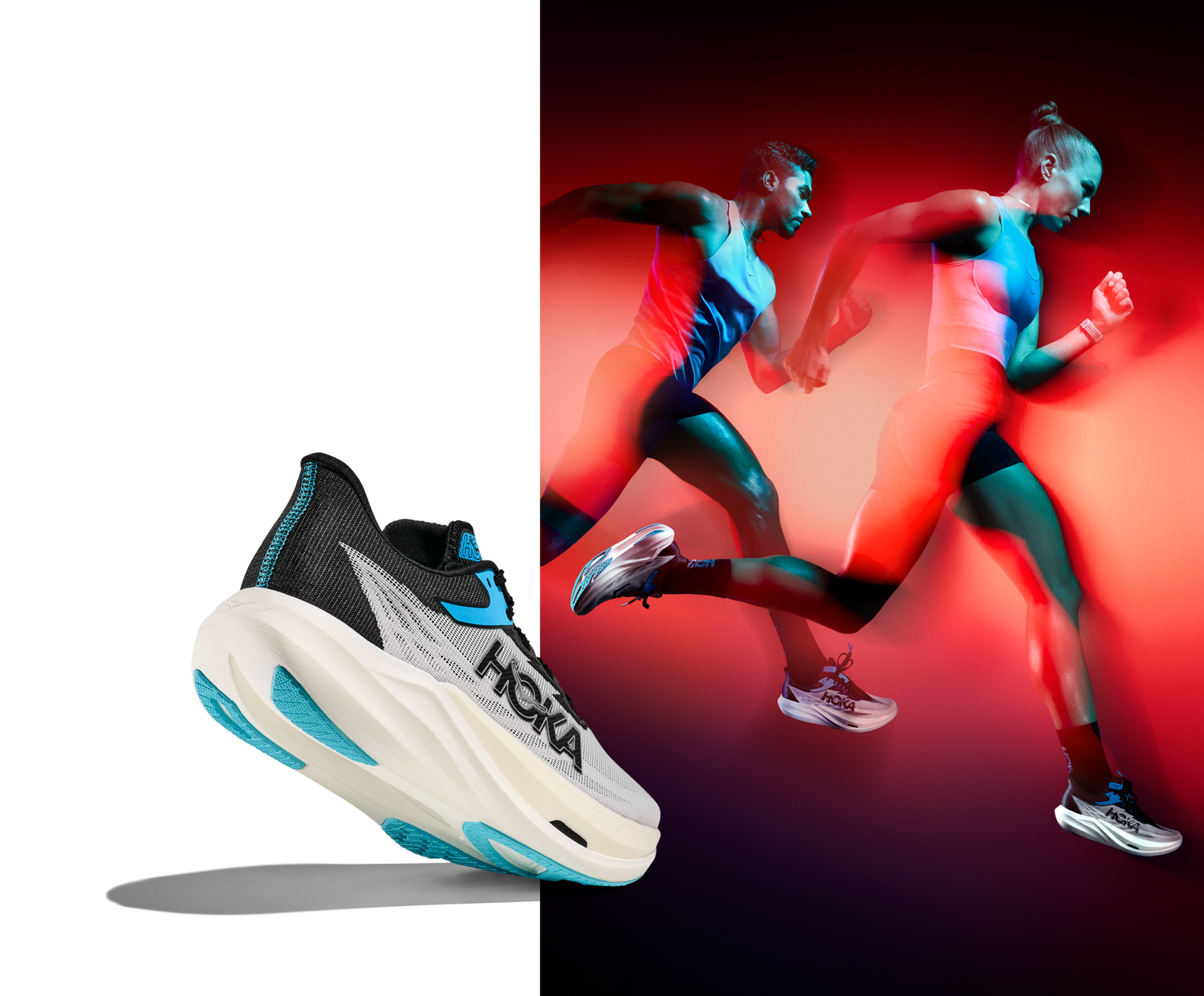 Hoka Rocket X3 running shoe with a blurred runner in the background