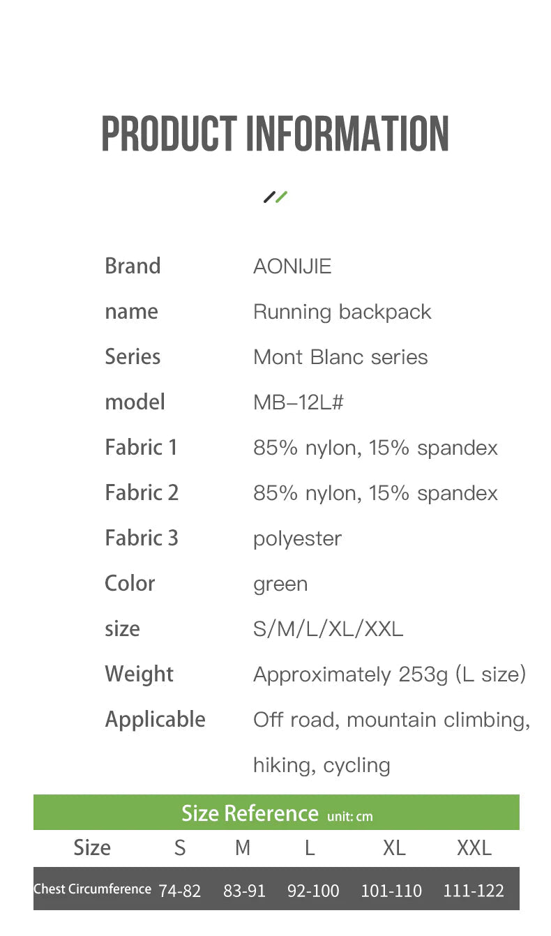 Aonijie 12litre Running Pack - Mont Blanc series - Packs - Hydration Vests - Trek, Trail & Fish NZ