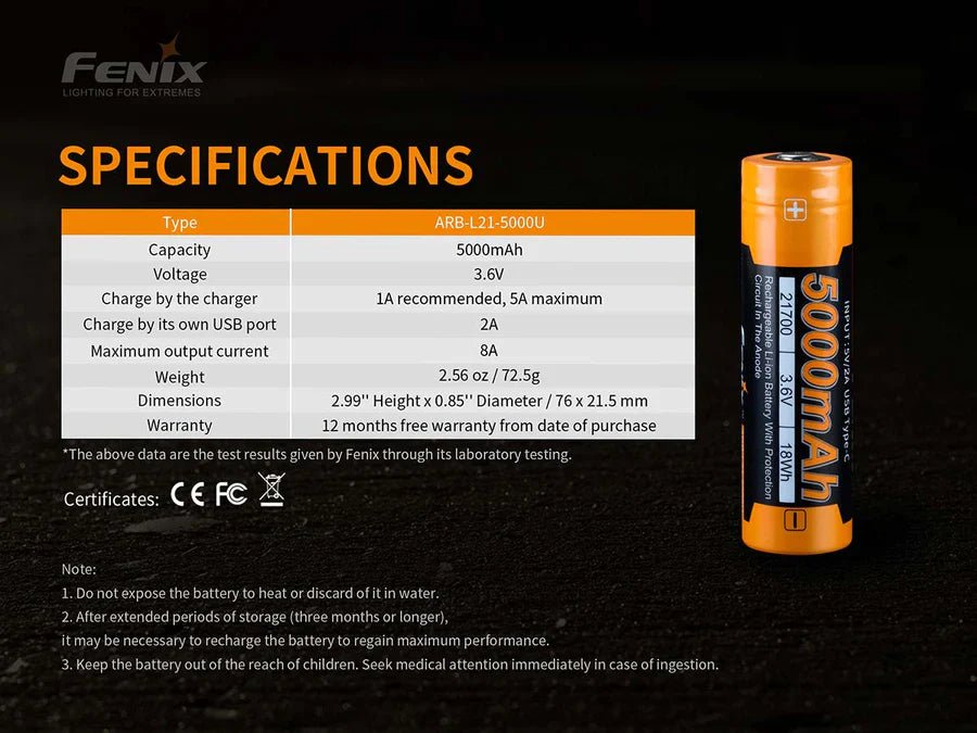Fenix USBC - Rechargeable Battery 21700 5000mAh - Torches - Trek, Trail & Fish NZ