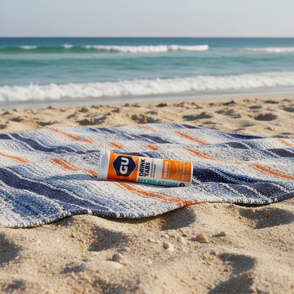 Gu hydration tabs on beach blanket